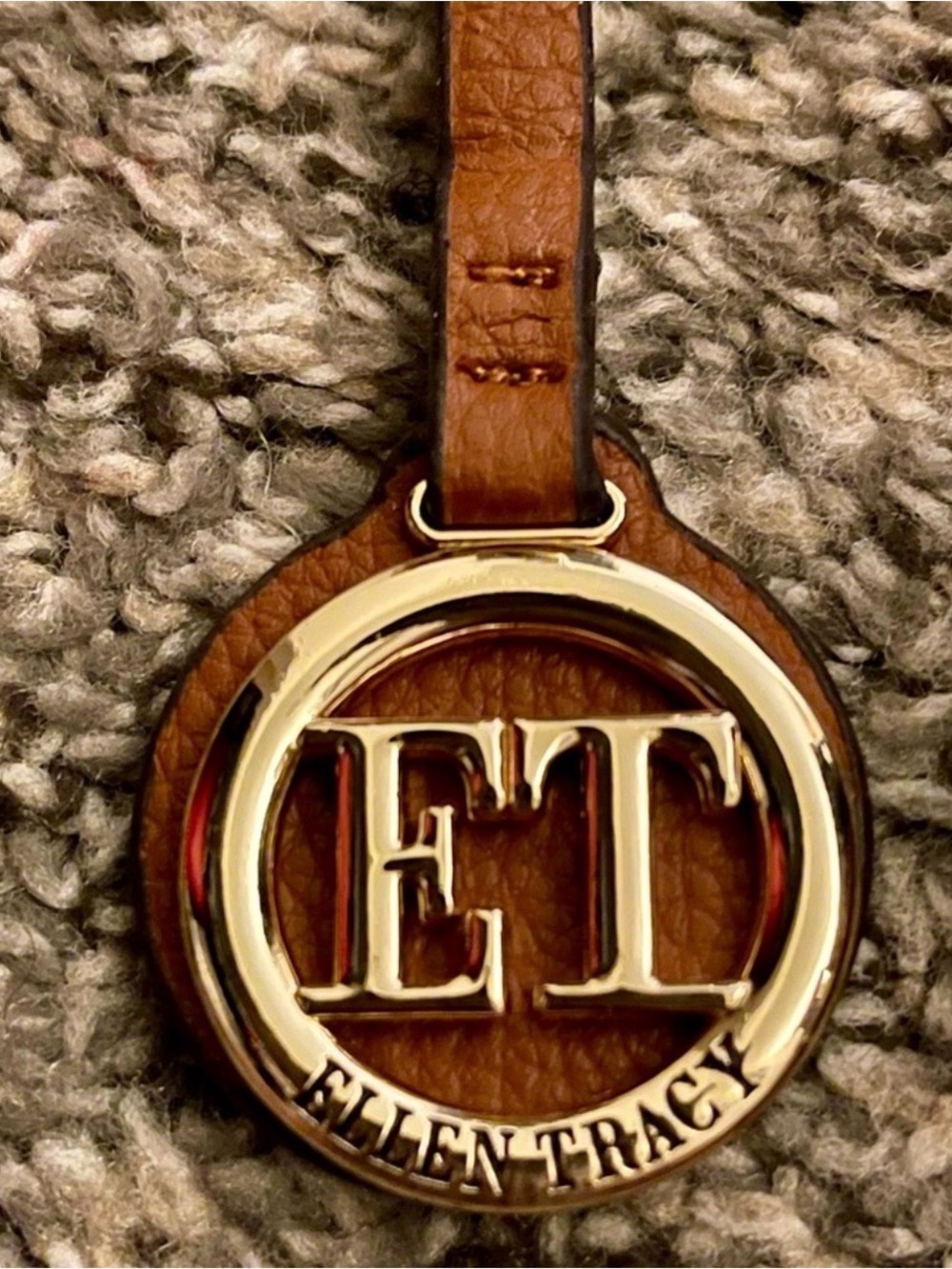 Ellen Tracy Brown Leather ET Logo Keychain with Gold Ring
